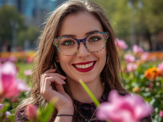 A woman in a flower field wearing colorful glasses