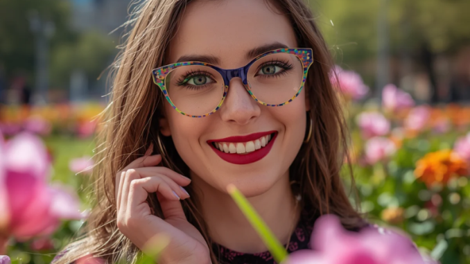 A woman in a flower field wearing colorful glasses
