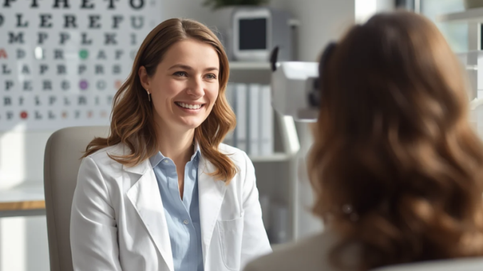 Happy eye doctor with patient