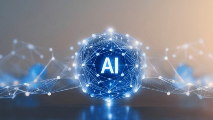 The words AI inside of a blue particle